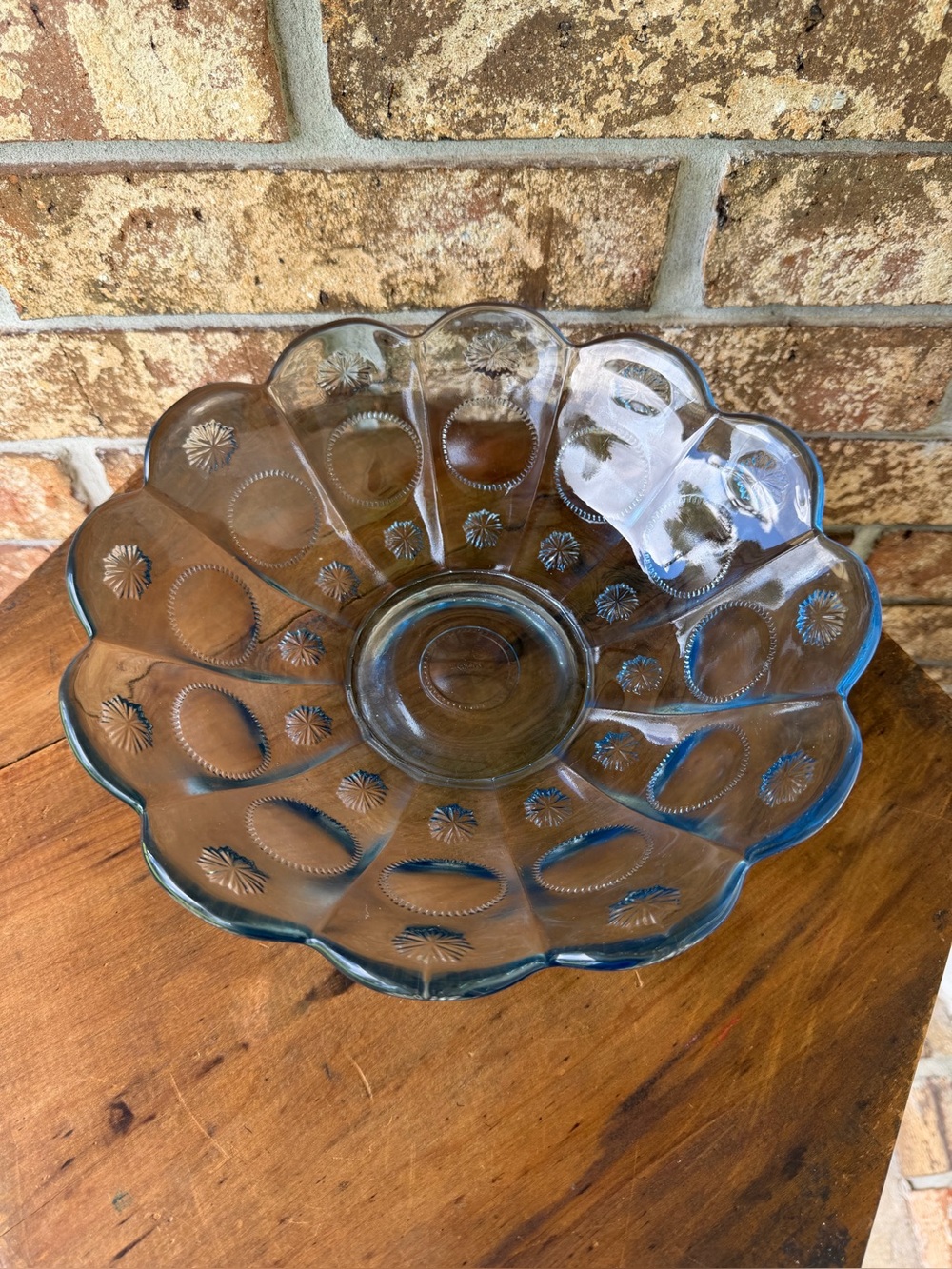 Fenton Art Glass Serving Bowl Priscilla Pattern Moon Stars 10.5” Diameter Blue